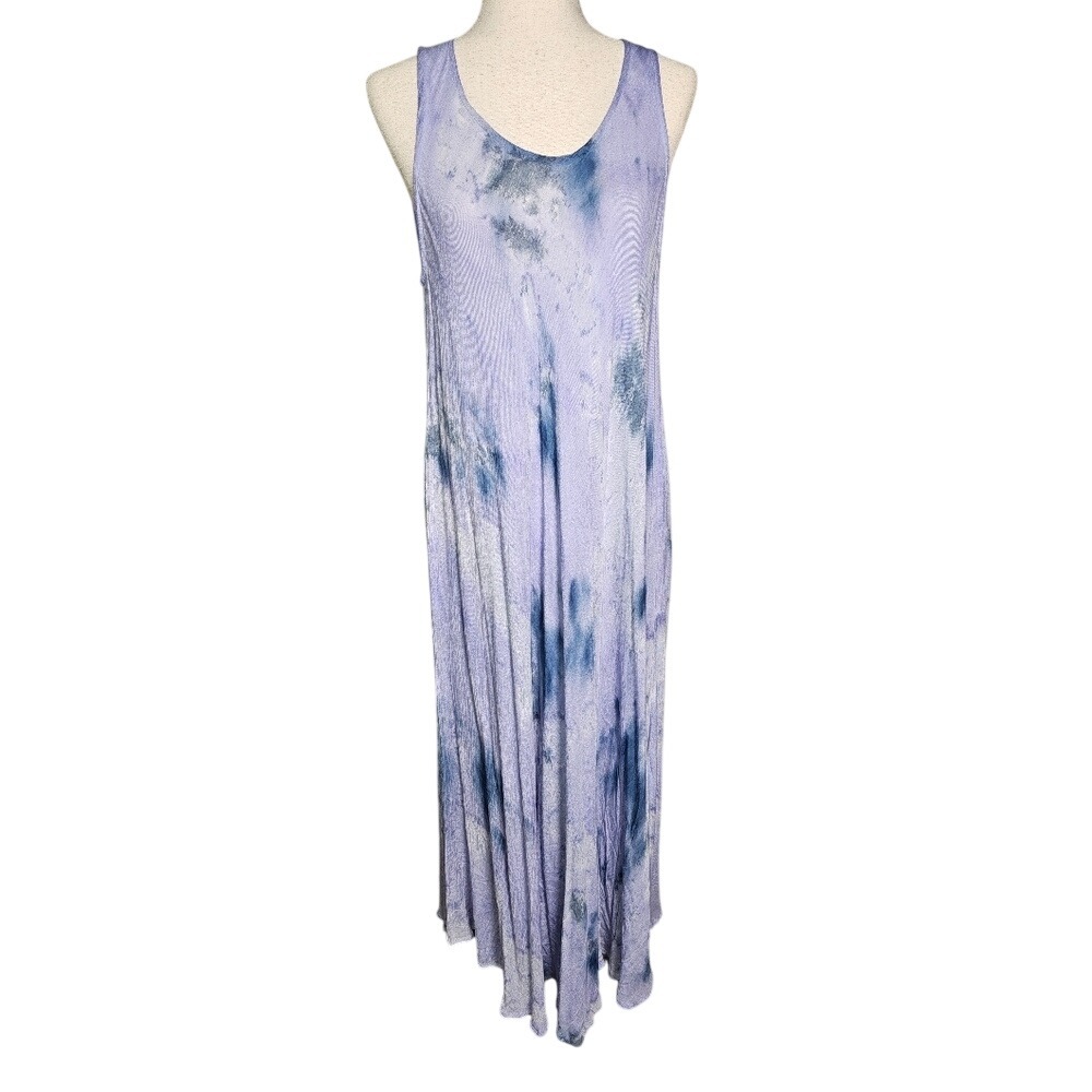 Summer Maxi Dress Blue Tie Die Rayon Sleeveless Tank Flowy Dress OS Lg